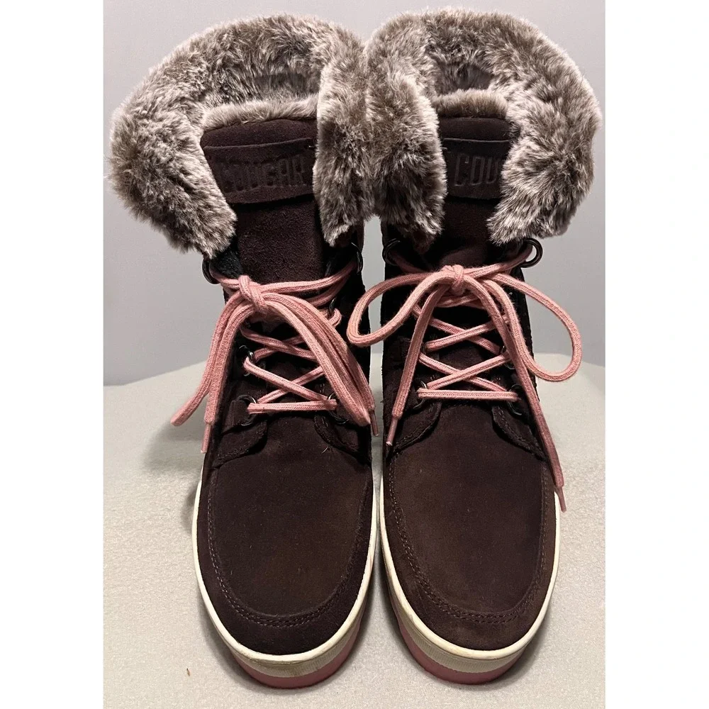 Cougar Women Vanetta Brown Suede Faux Fur Trim Winter Boots Pink Sawtooth Sole 8